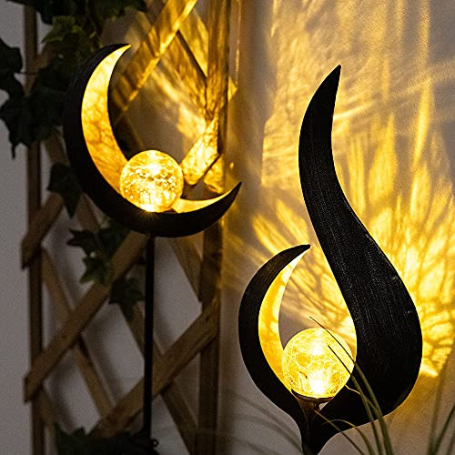 Solarleuchte Flamme Garten Solarstab Solar Deko für Außen im Flammen und Mond Design, mit Erdspieß und Lichteffekt, 1x LED warmweiß, H 90 cm, 2er Set