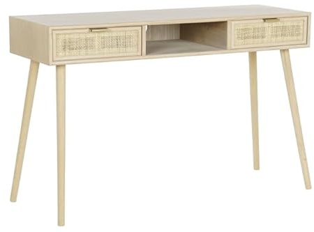 DRW Konsolentisch mit 2 Schubladen und Regal aus Holz und Rattan, 120 x 42,5 x 78 cm