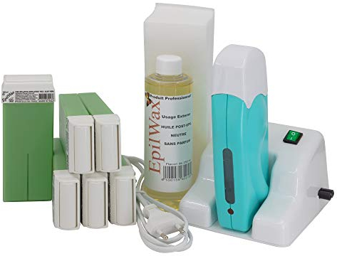 EpilWax Wachswärmer Waxing Set für Enthaarung Haarentfernung mit Aufsteller – Mit 6 Aloe Vera Roll On Wachspatronen, Waxing Gerät, 100 Vliesstreifen und Nachbehandlungsöl
