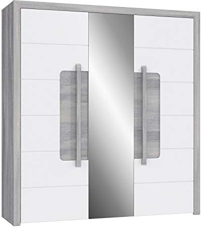 FORTE ATTENTION Schrank 200 210, Kleiderschrank Schlafzimmer Drehtürenschrank 3-türig Einlegeböden Kleiderstange, Weiß Hochglanz / Holzdekor: Nordisch Eiche, 203 cm breit x 219 cm hoch x 60 cm tief