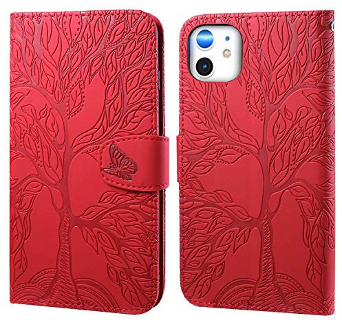 Aisenth for iPhone 12 Mini Flip Case, The Tree of Life Embossed PU Leather Wallet Phone Folio Case Magnetic shockproof Protective Cover with Stand function, Card Slots + 1 pcs Wrist Strap (Red)