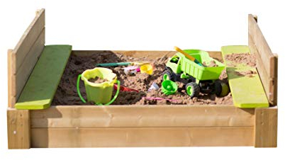 Wendi Toys P1 Sandkasten mit Bänken und Deckel, Sandkasten für Kinder, 120 x 120 cm, mit Bänken, Farbe Grün