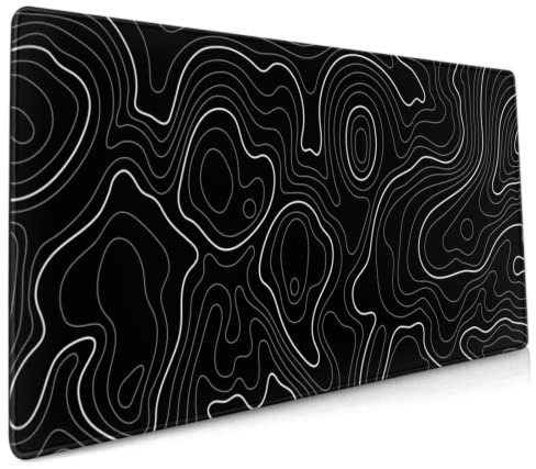 Sweetshow Tapis de Souris de Jeu aux Contours topographiques, 80 x 40 cm, XXL, Noir, Lignes de Carte géographique, Tapis de Souris Complet, Base en Caoutchouc antidérapant avec Bords Cousus pour la