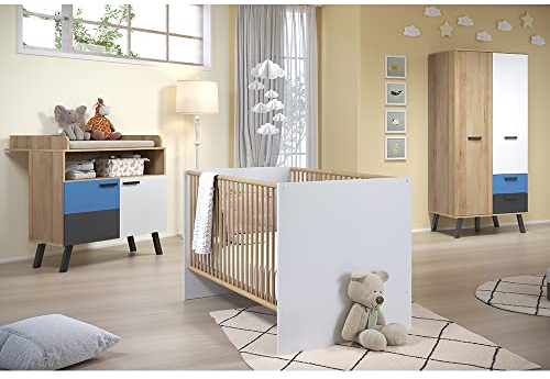 Babyzimmer Set, mit höhenverstellbaren Babybett weiß, Wickeltisch mit Wickelaufsatz und Kleiderschrank 2 türig in weiß Graphit und Buche inkl. Wechselblenden in rosa und blau