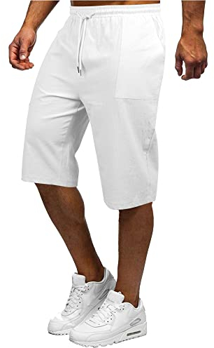 YAOBAOLE Men's Summer Shorts Linen Casual Summer Beach Shorts 3/4 Length Men Pants with Pocket White XL