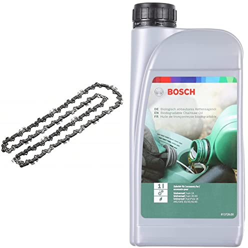 Bosch Home and Garden F016800489 Bosch Ersatzkette (für Universal Chain 18, in Blisterverpackung) & Bosch 2607000181 Kettensägen-Haftöl 1 Liter