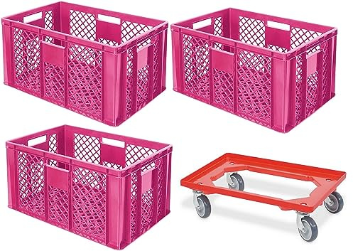BRB 3x Eurobehälter durchbrochen, lebensmittelecht, 600x400x320 mm, inkl. Transportroller (pink)
