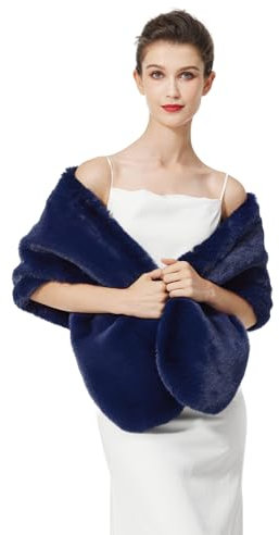 BEAUTELICATE Châle Étole en Fausse Fourrure Écharpe Boléro De Femme Mariage Hiver sur Robe de Soirée Mariée Cérémonie Fête Demoiselle d'honneur (Taille Unique, Amélioré - Bleu Marine)