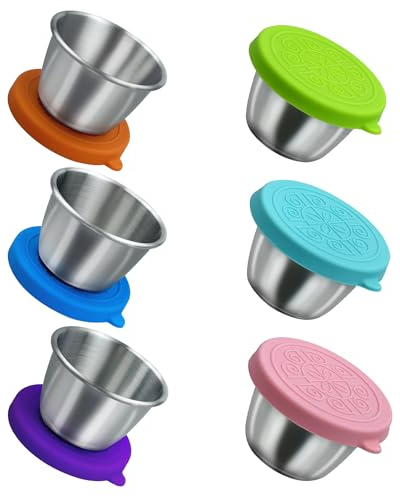 Paquete de 6 ollas pequeñas de acero inoxidable para aderezo de ensalada de 70ml con tapa de silicona, minitazas de salsa reutilizables a prueba de fugas