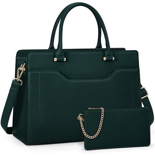 RAINSMORE Shopper Damen Groß Laptop Handtasche Damen 15.6 Zol PU Leder Arbeitstasche Lehrertasche Wasserdicht Laptoptasche mit Geldbörse für Business Büro Schule Grün