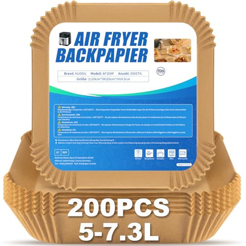 HUDDU 200PCS 4,5L-8L Backpapier für Heißluftfritteuse,20CM XXL Quadrat Airfryer Backpapier,Einwegschalen Luftfritteuse Pergamentpapier Liner Ideal für COSORI Cecotec Russell Hobbs Airfryer