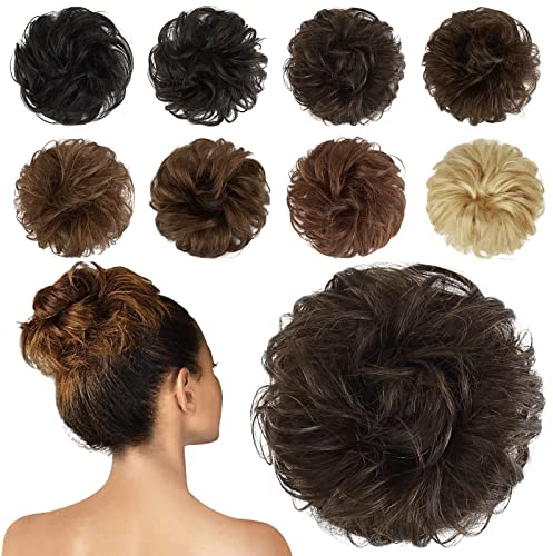 FESHFEN Messy Buns Echthaar, 100% Echthaar Haarteil Dutt Haargummi, Wellig Lockige Haarknoten Haargummi Haarverlängerungen Hochsteckfrisuren Echthaar Haarteil für Damen Mädchen, Braun