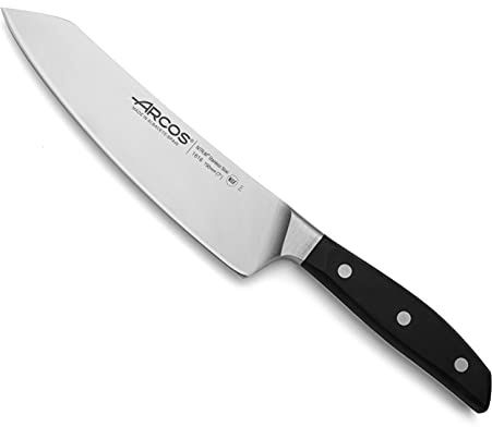 Arcos Cuchillo Santoku Forjado Acero Inoxidable - Profesional Cocina Japonés Afilado para Carne, Pescado y Verduras, Mango Ergonómico POM Negro, Hoja Silk Edge 190 mm, Serie Manhattan