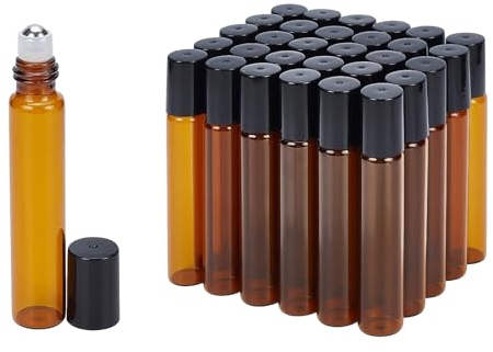BENECREAT 10ml 30 Packs Sienna Glas Rollerflaschen nachfullbarer Behalter fur atherische Ole, Aromatherapie, Duft, Lippenbalsam, mit 5PACK 3ml Pipette inklusive