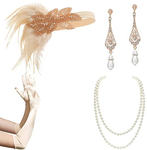 BABEYOND 1920s Accessoires Set Damen Gatsby Kostüm Zubehör Set inklusive Stirnband Halskette Handschuhe Ohrringe Set-10