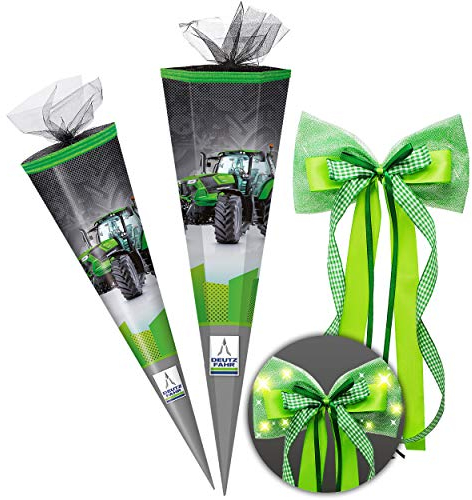 Schultüte - Traktor & Landmaschine - Deutz - 85 cm - 6 eckig - incl. große LED LICHT - Schleife - Tüllabschluß - Zuckertüte - mit/ohne Kunststoff Spitze - M..