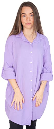 Lolus Oversized Musselinbluse Musselin Hemdbluse mit Knopfverschluss & Taschen aus 100% Baumwolle (Jessy - Flieder)