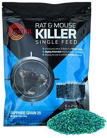 RatKil Rat Poison (6 x25g) Rat Bait & Mouse Poison Grain - Strongest Maximum Strength Rodent Killer - Fast Acting, All Weather, Single Feed Bait Sachets