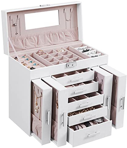 ANWBROAD Huge Jewellery Organizer Box 6 Tier 40 Necklace Hooks Display Storage Case with Lock Mirror Jewellery Box Earrings Rings Necklaces Bracelets Earrings Gift Faux Leather JJB018W