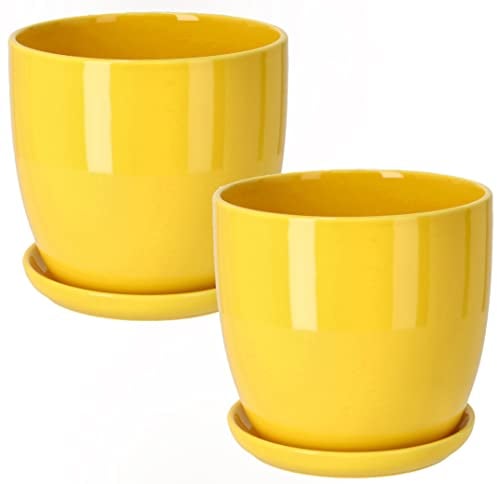 KOTARBAU® 2er Set Keramik Blumentopf Übertopf für Blumen Pflanzen ⌀ 13 cm mit Tropfschale Gelb