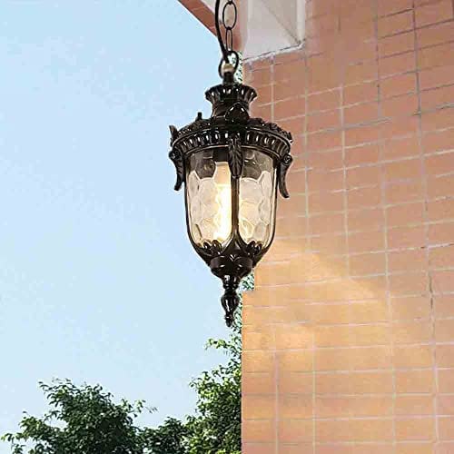 Vintage Aussen Hängeleuchte Schwarz E27 Lampe aus Aluminium-Guss Glas Retro Pendelleuchte Außenleuchte Wasserdichte IP65 Pendellampe Decken Hängend Leuchte Trauben Rahmen Patio Laterne Veranda
