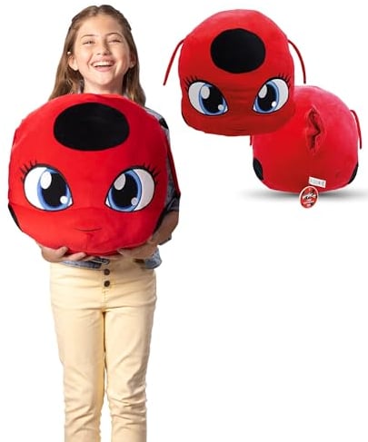 Miraculous Ladybug - Huggie Hideaway Tikki, 16.5-inch Red Plush Pillow, Super Cute Soft Stuffed Toy for Kids with Large Zipper Secret Pocket in the Back (Wyncor)
