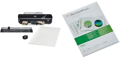 GBC Inspire+ 4-in-1 Set mit A4-Laminiergerät, Papierschneider und Eckenrunder, inkl. extra großes Starterkit mit 30 Laminierfolien, Für 75 bis 125 mic Laminierfolien, Schwarz (4410036 + 3740489)