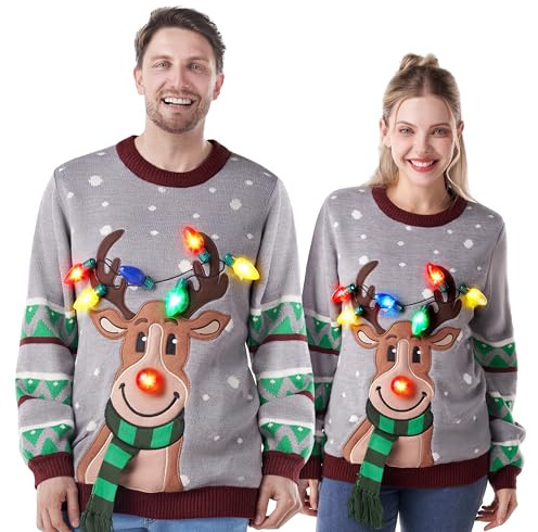 JOYIN Womens LED Light Up Christmas Sweater, Reindeer Ugly Xmas Sweater with Built-in Light Bulbs (Grey, Small)