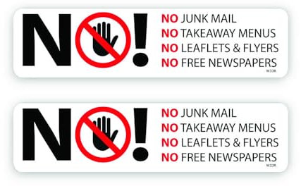 2 PACK - Small Subtle 14cm NO JUNK MAIL Self Adhesive Stickers - Sign, Letter Box, Front Door, Flyers, Leaflets, Canvasing, Warning, Notice SG317