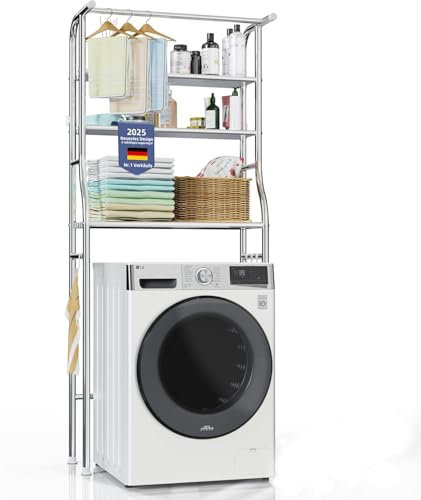 Washing Machine and Toilet Storage, Over The Washer and Dryer Storage Shelf, 3 Tier Laundry Room Metal Drying Rack with Towels Hangers, Space Saver Organizer for Clothes Towels (Stainless Steel BV1)
