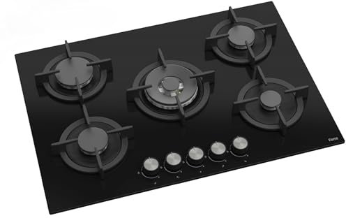 Ferre RC035-75cm Built-in Gas Hob - 5 Burners - Black Glass - Cast Iron Pan Supports