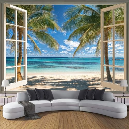Fototapete Schlafzimmer Fenster Aussicht Palmen Strand 3D Druck Vliestapete, ‎150x105cm (B×H) Wandtapete Wandbilder, für Wohnzimmer, Kinderzimmer, TV Hintergrund Azurblau Tapete