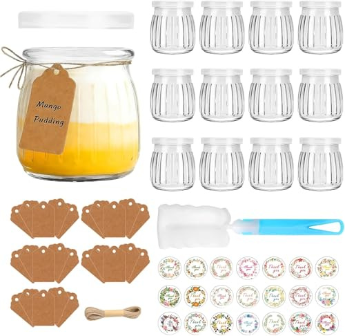 TOSUTO 12 pcs Tarros de Yogur con Tapa, 200ml Tarros de Yogur Transparentes con Tapa,Tarros de Cristal para Yogurt, Recipientes de Vidrio Pequeños Botes de Cristal para Pudín,Leche,Postre,Mermelada