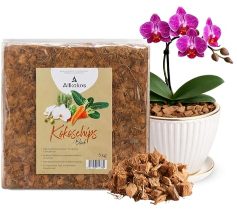 Allkokos 1x5kg hochwertige Kokoschips für Pflanzen & Blumen | 5kg Block als Orchideenerde & Kokossubstrat aus Kokosfaser für tropische Pflanzen – luftdurchlässig und torffrei