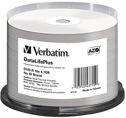 Verbatim DVD-R 16x Wide Thermal Printable 4.7GB, DataLifePlus, 50er Pack Spindel, DVD Rohlinge thermal bedruckbar, 16-fache Brenngeschwindigkeit, DVD-R printable, DVD leer, Rohlinge DVD