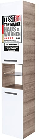 FACKELMANN Hochschrank A-VERO / Badschrank mit gedämpften Scharnieren / Maße (B x H x T): ca. 35 x 179 x 31,5 cm / hochwertiger Schrank fürs Bad / Korpus: Braun hell / Front: Weiß / Breite: 35 cm