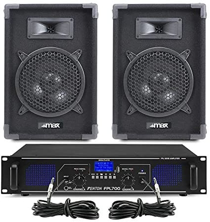 MAX 8 Passive DJ Speakers Pair & Fenton FPL700 Bluetooth Amplifier Kit – 700W Home DJ Music System with MP3, USB, AUX & Stereo Connectivity for Parties, Karaoke & Events