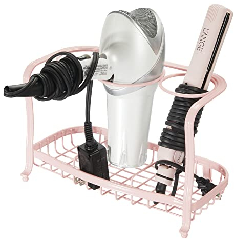 mDesign Soporte para alisador de pelo, soporte de metal para sujetar cepillos de pelo y accesorios de peinado, ideal como soporte para secador de pelo, color oro rosa