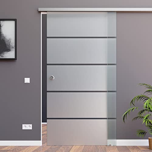 Schiebetürsystem ESG Dekor Satiniert mit klare Streifen P1-Alu mit 30mm Wandabstand (900 x 2050 mm, Soft-Stop Slimline Alu-Schinensystem mit Griffmuschel)