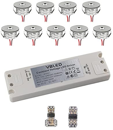 VBLED® 9er Set 3W Mini-Einbauspot Einbaustrahler warmweiß 3000K IP44 12V DC Warmweiss Inkl.LED Trafo und Verbinder Unbegrenzte Möglichkeiten: Terrasse, Bad, Wohnbereich [Energieklasse A+]