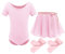 Kinder Mädchen Ballettkleidung Baumwolle Kurzarm Balletttrikot Turnanzug Tanzbody + Chiffon Wickelrock Tütü Rock Tanzkleid + Strumpfhose 3tlg Ballettanzug Rosa 8-9 Jahre