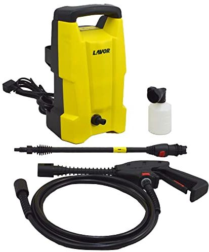 Mini 120 Bar 1700 W Pressure Washer with Snow Foam Bottle, adjustable lance, 3m hose, for Cars, Patios, Driveways Yellow