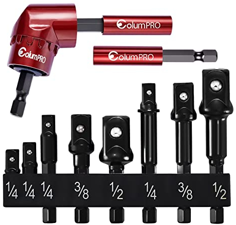 ColumPRO 11PCS Impact Grade Socket Adapter Set,1/4 3/8 1/2 Impact Driver Adapter,2PCS Bit Holder,105° Right Angle Driver dapter with Storage Case,Size Clearly Marked,Impact Driver,Drill,Screwdriver