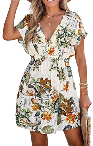 CUPSHE Cache-maillot de bain décontracté à col en V pour femme - Manches courtes - Taille élastique - Maillot de bain 2024, blanc floral, Taille M