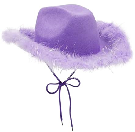 Filz Cowboyhut für Frauen Rosa Flauschige Federkrempe Glitzernde Krone Pailletten Western Cowgirl Hut Cosplay Party Kostüm Zubehör (B-Lila, Einheitsgröße)