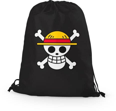 Black One Piece Skull Drawstring Bag - Anime Monkey Luffy Rubber Manga Gym Football Swimming Dance Back to School Nursery Primary Backpack Gift Present (Black)