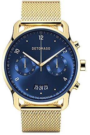 DeTomaso SORPASSO Chrono Gold Blue Blau Herren-Armbanduhr Analog Quarz Mesh Milanese Gold
