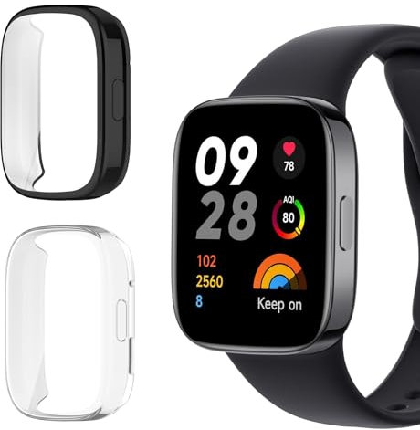 SeNool [2 pezzi Cover per Xiaomi Redmi Watch 3 Custodia, Protezione Pellicola Custodia in TPU con Copertura Completa per Xiaomi Redmi Watch 3 (Nero + Trasparente)