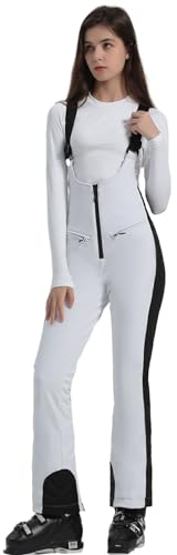 ALSOGO Damen Skihose Wasserdicht Winter Warm Schneehose mit verstellbaren Trägern & Schneefang, Slim Fit Overall Winddichte Schneehose Lätzchen Snowboard Klettern Isolierte Ski Hosen Bib Weiß L