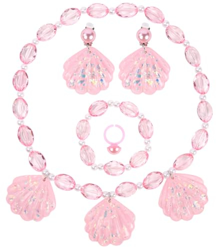 OSDUE Rosa Muschel Schmuckset Mädchen, Rosa Kristallschmuck, Muschel Kinderschmuck Enthalten Halskette, Ringe, Armbänder, Ohrring, Kinderschmuck Set für Party Dress Up Geschenk